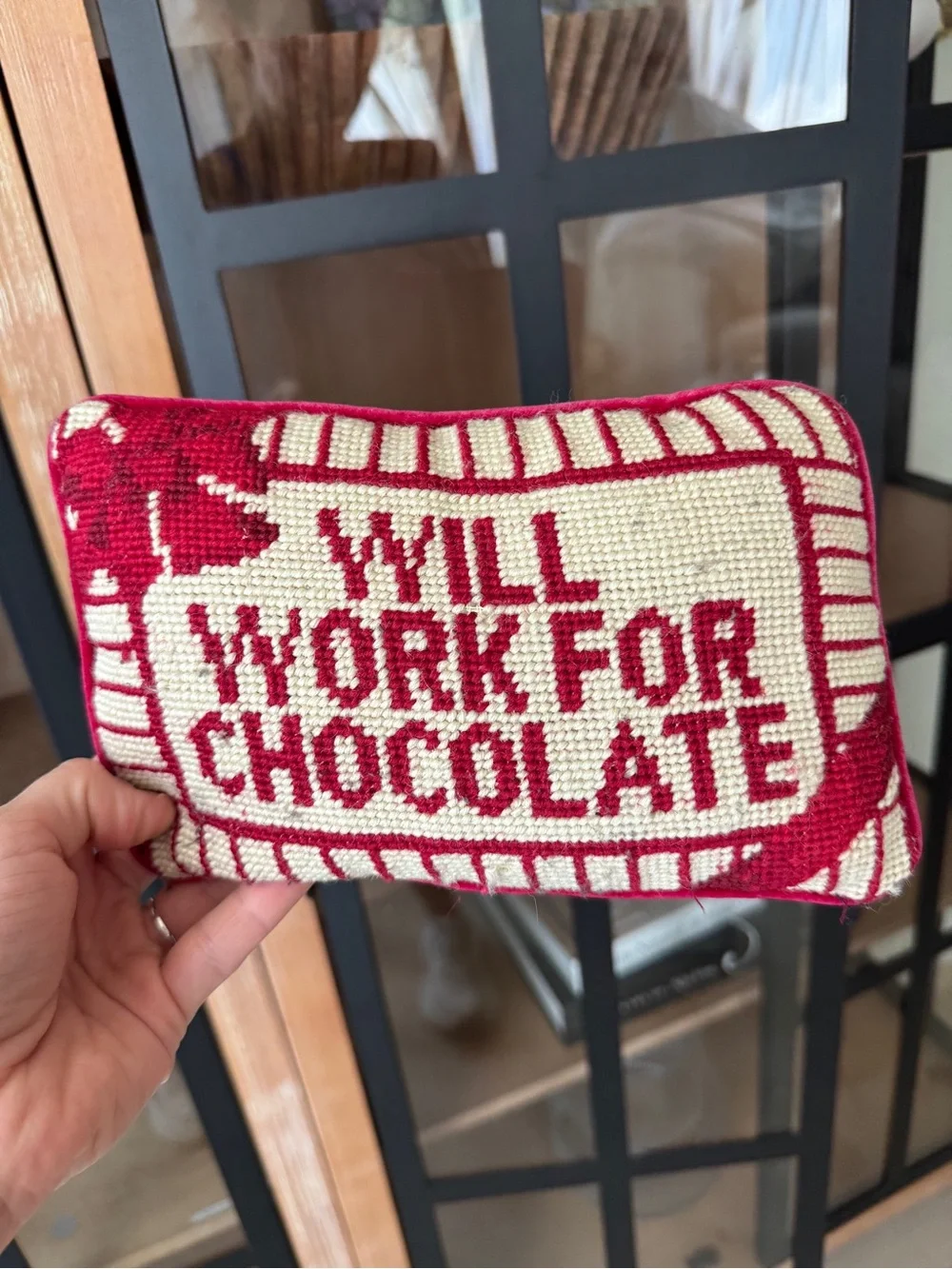 Vintage needlepoint mini pillow funny decorative handmade velvet chocolate